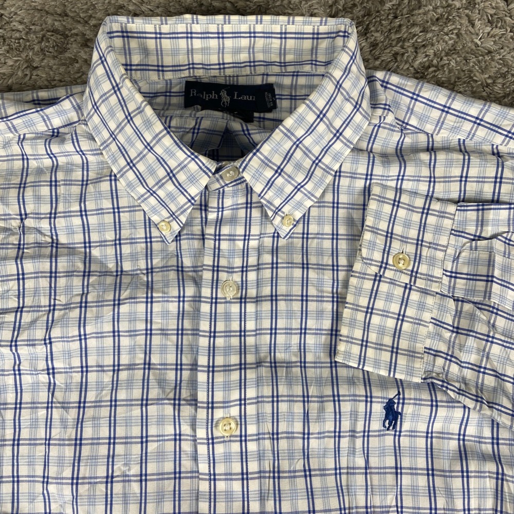 Ralph Lauren Blake Mens XL Blue White Plaid Cotton Long Sleeve Button Down Shirt